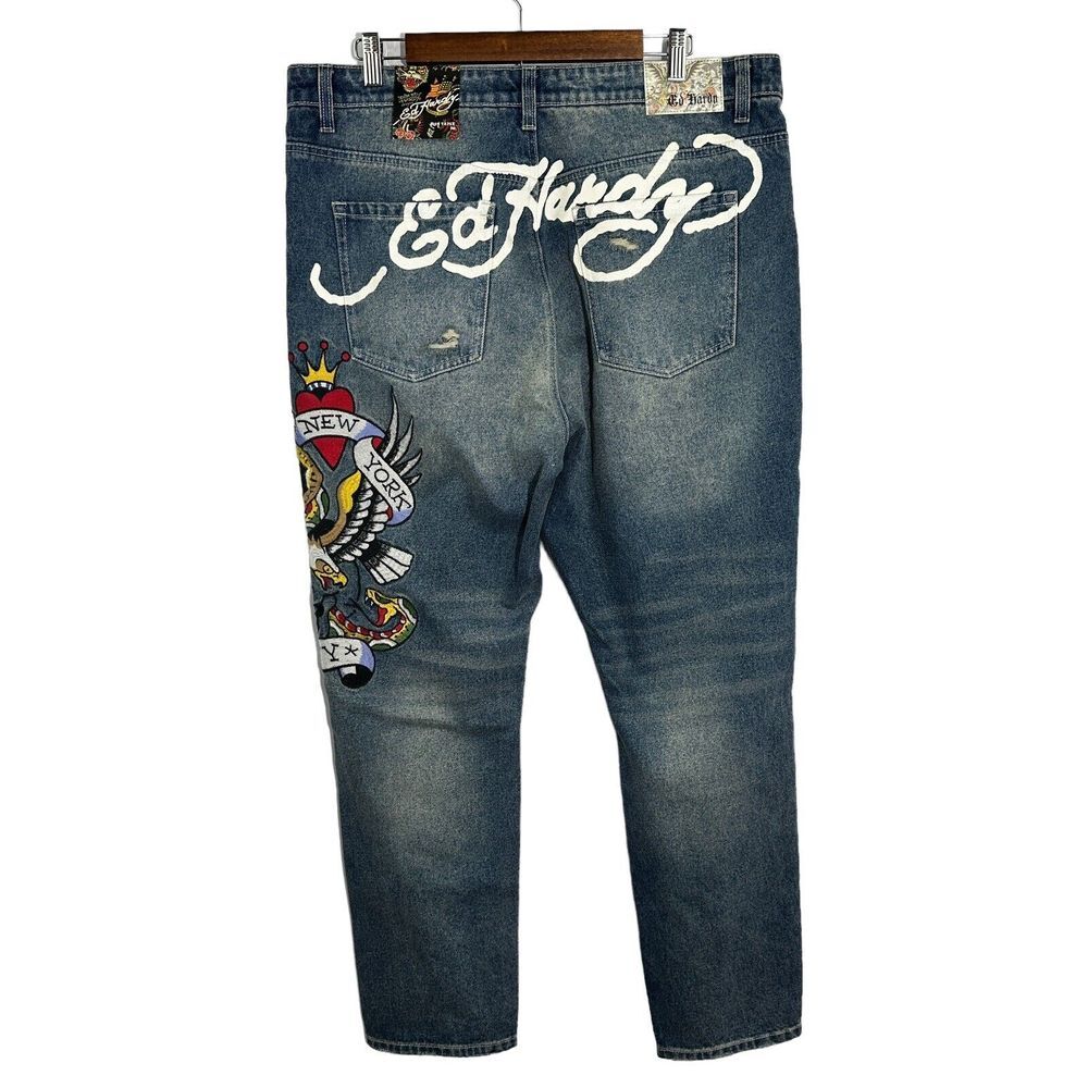 ED‎ HARDY NWT Slim Tapered New York City Eagle Patch Distressed  Jeans Size 36